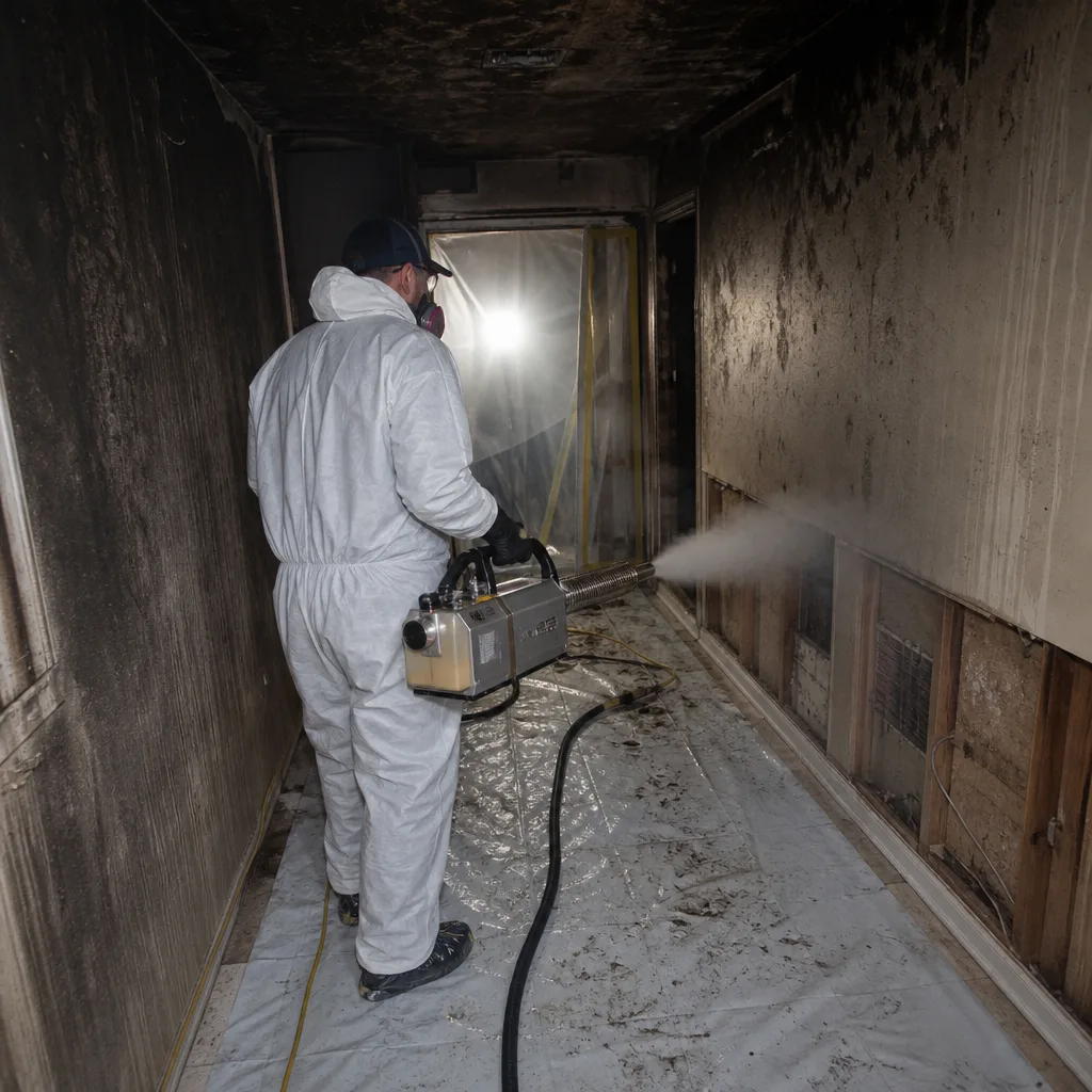 Technician performing fire damage restoration with professional fogging equipment