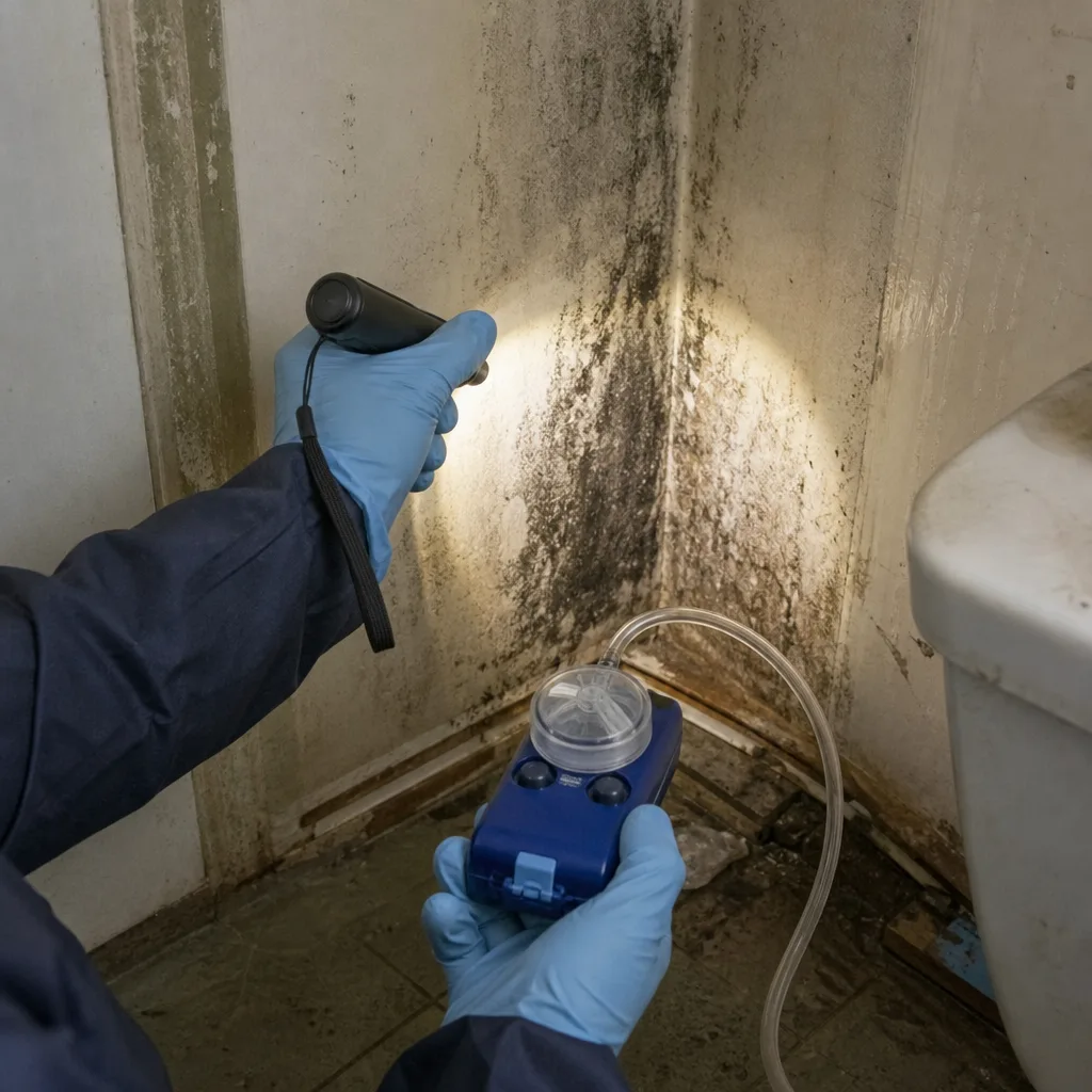 Professional technician inspecting bathroom wall for mold remediation